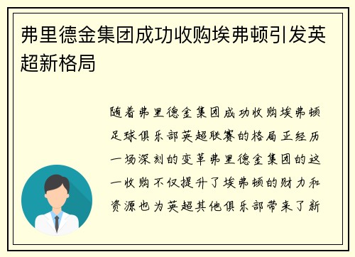弗里德金集团成功收购埃弗顿引发英超新格局 弗里德金集团成功收购埃弗顿引发英超新格局